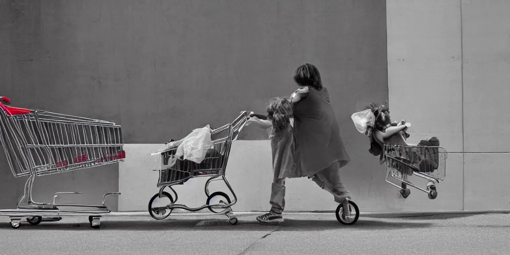 Image similar to homeless mother pushing a shopping cart with a child riding in it, in front of a blank wall