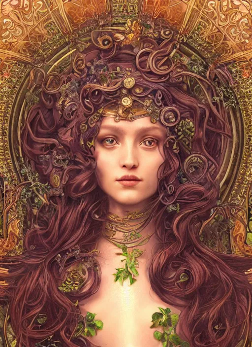 Image similar to ultradetailed ornate pre-raphaelite RPG illustration of a beautiful symmetric Medusa radiating a glowing aura wearing an art nouveau flowery armor with much decorum, digital airbrush painting, 3d rim light, hyperrealistic masterpiece, artstation, cgsociety, kodakchrome, golden ratio