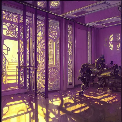 Image similar to painting of syd mead artlilery scifi soviet apartment with ornate metal work, ornate fence, volumetric lights, purple sun, andreas achenbach