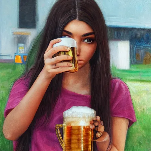 Image similar to 4k,ultra detailed portrait of Madison Beer drinking beer at the parking lot by Rachel Ruysch