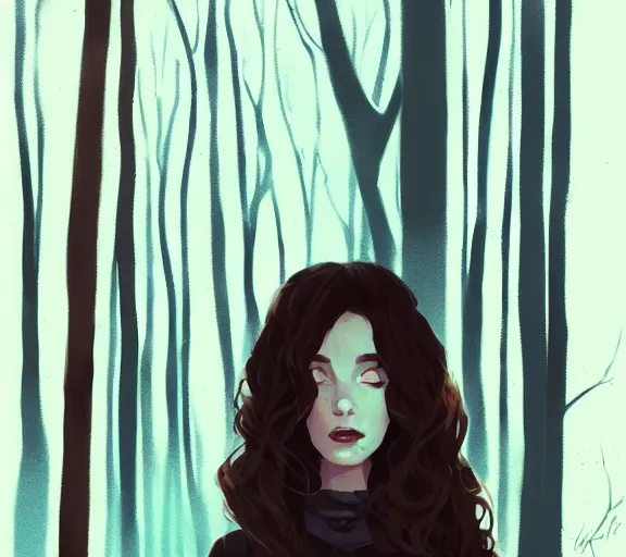 Image similar to portrait woman with long ginger curly hair in the woods, by atey ghailan, by greg rutkowski, by greg tocchini, by james gilleard, by joe fenton, by kaethe butcher, by ashley wood, dynamic lighting, gradient light blue, brown, blonde cream and white color scheme, grunge aesthetic