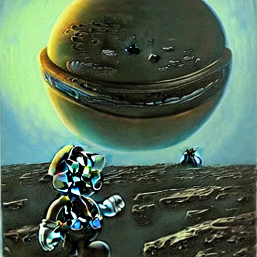 Image similar to old mario walking on an alien planet, painting by h. r. giger