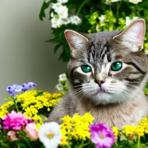 Prompt: a picture of a cat sitting in a basket surrounded by flowers, ultra realistic, cinematic