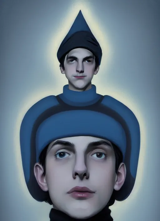 Image similar to portrait of teenage jughead jones wearing a light grey crown, crown, blue turtleneck, 1 9 5 0 s, closed eyes, photorealistic, black hair, glowing lighting, intricate, elegant, glowing lights, highly detailed, digital painting, artstation, concept art, smooth, sharp focus, illustration, art by wlop, mars ravelo and greg rutkowski