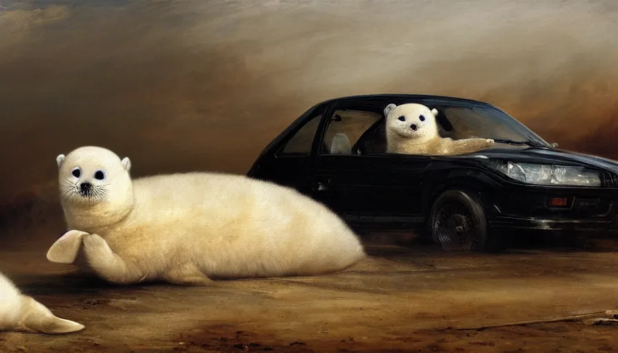 Image similar to highly detailed painting of cute furry white baby seals on a compact japanese drift car by william turner, by greg rutkowski, by william constable, thick brush strokes and visible paint layers, 4 k resolution