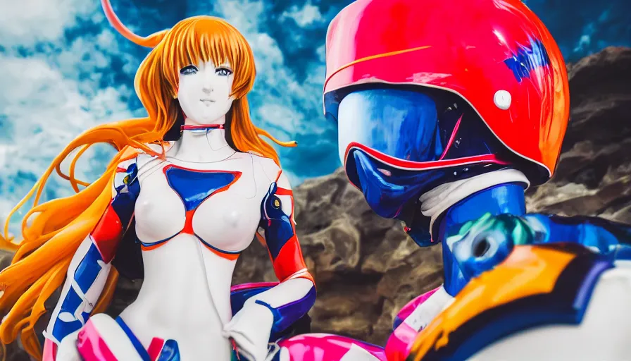 Image similar to extremely beautiful photo of a white marble statue of an anime girl with colorful motocross logos and motorcycle helmet with closed visor, colorful smoke in the background, carved marble statue, fine art, neon genesis evangelion, virgil abloh, offwhite, denoise, highly detailed, 8 k, hyperreal