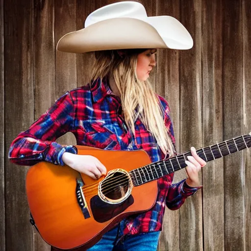 Image similar to a female fox animal, wearing cowboy hat, wearing plaid shirt, playing guitar, inside a barn, album cover style