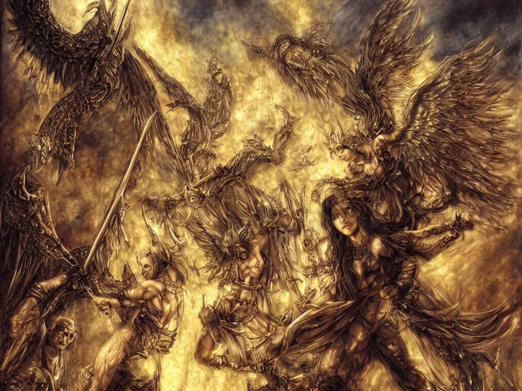 Prompt: painting of a beautiful angel slaying a demon, gold background, light come from the background by Luis royo and Manara