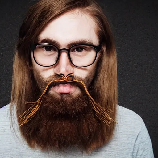 Prompt: a photo of a handsome guy with chestnut hair long hair short beard glasses being kindapped with rubberband on his mouth