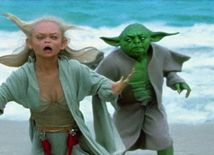 Image similar to a film still of yoda in baywatch 1 9 8 9