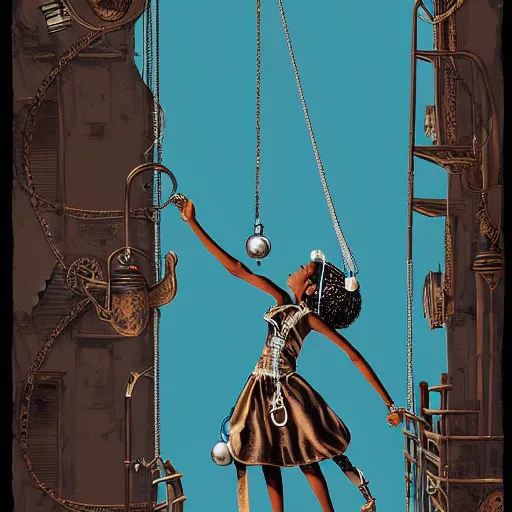 Prompt: character design portrait by sparth on the streets of steampunk new york a black teenage african female swinging a small metal ball with a thin long silver chain attached to it dressed in long luxurious silk robes with ornate patterned stitching and a metallic teal headband, silver sandals stands on a tall ships sailing boat, dark clouds