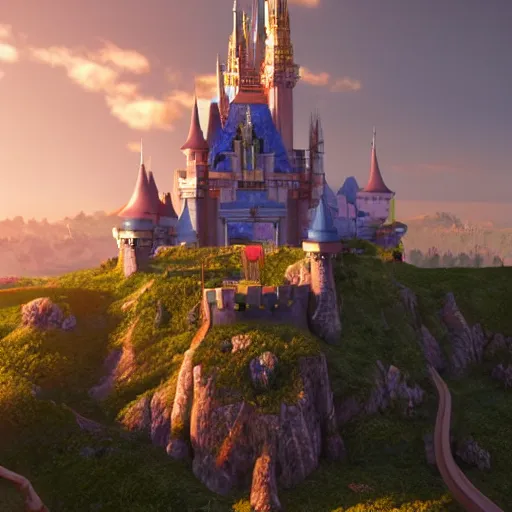 Prompt: a beautiful castle by disney, pixar, unreal engine, nvidia. extremely detailed, realistic, 8 k, golden hour, digital art, artststion