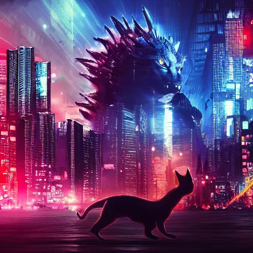 Prompt: bombay cat attacking a cyberpunk city like godzilla, cinematic, colorful, funny, chaotic, 8 k, computer wallpaper.