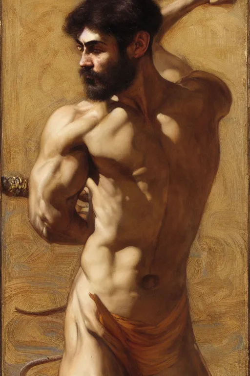 Prompt: muscular botanist man, orientalist intricate portrait by john william waterhouse and edwin longsden long and theodore ralli and nasreddine dinet, hyper realism, dramatic lighting