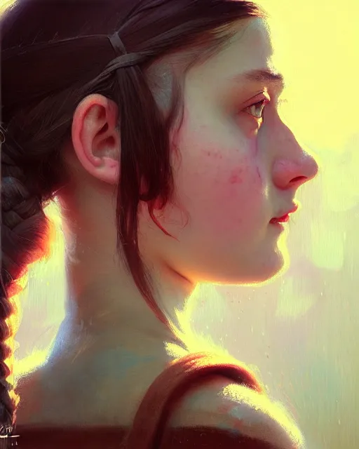 Image similar to young woman with pigtails, beautiful girl, close up portrait, bright, highkey, realistic, serov, surikov, vasnetsov, repin, kramskoi, paint texture, uplight, insanely detailed, charlie bowater, tom bagshaw, octane rendered, unreal engine, illustration, trending on artstation, masterpiece