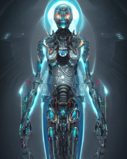 Image similar to benevolent android necromancer, aura of light, artificial intelligence, scifi, futuristic, highly detailed, trending on artstation, advanced technology, art by vitaly bulgarov