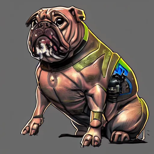 Image similar to « a comic styled cyborg bulldog sitting down, cyberpunk digital art by greg rutkowsky, illustration, future tech, sketchfab »