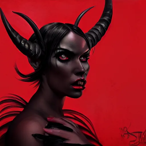 Prompt: cool and bored looking succubus, portrait of a lady demon all dressed in black, beautiful face and eyes, ram horns on her head, highly detailed, cel shaded, cinematic shot, trending on artstation, blurry red background, high quality, detailed and chaotic background, brush strokes all over, by tom bagshaw and jama jurabaev