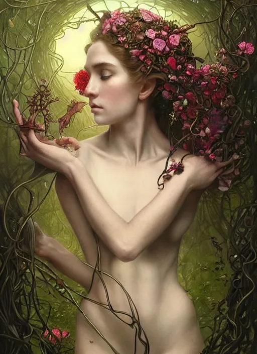 Prompt: beautiful full body portrait of a great fairy, wrapped with vines and flowers, esoteric, d & d, dark surreal fantasy, cinematic lighting, intricate, elegant, highly detailed, digital painting, artstation, concept art, matte, sharp focus, illustration, art by artgerm and tom bagshaw and greg rutkowski and alphonse mucha