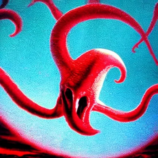 Image similar to the filmic anti - christ rising from a red ocean. alien squid appear. ominous. vivid color detailed photograph from a 1 9 9 0 s horror movie.