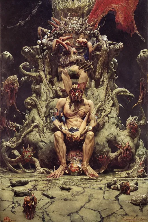 Prompt: full length portrait of crablike demonic king sitting on subterranean throne, tiny servants offer him fruit, dynamic, painted by ruan jia, lawrence alma tadema, zdzislaw beksinski, norman rockwell, jack kirby, tom lovell, alex malveda, greg staples, hand of fear, bbc, tv