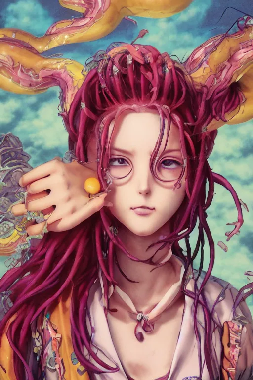 Image similar to portrait of an anime manga girl with floating yellow snake dreads, straight on, by artgerm, james jean, tom bagshaw, gerald brom, vaporwave colors, lofi colors, vaporwave, lofi, goth vibe, 4 k, smooth, hd, substance designer render, full body character concept art, symmetrical,