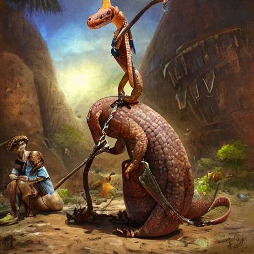 Prompt: a man rites a saddled gigantic Gecko, Fantasy Art