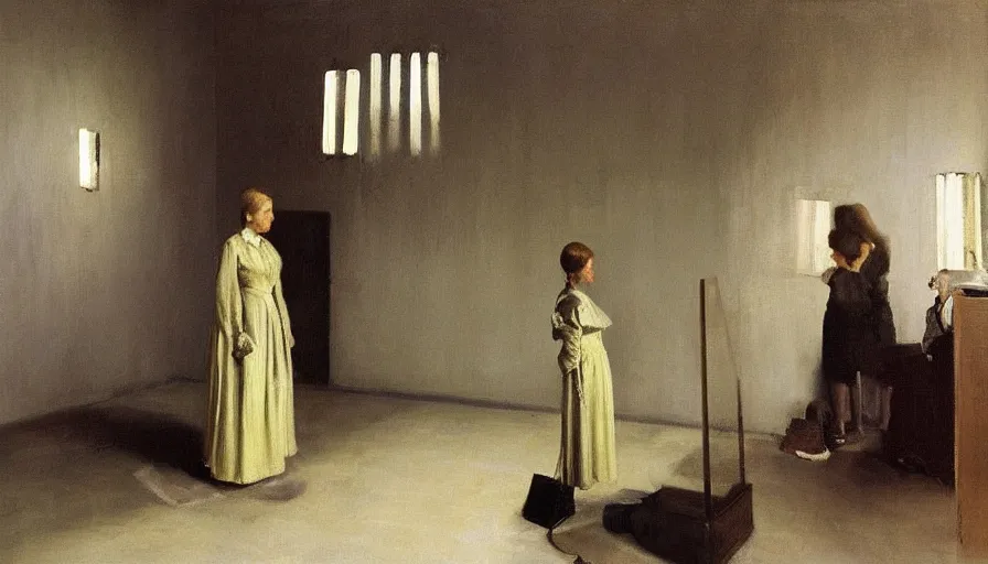 Prompt: painting by borremans, queen in a hall with mirrors on the walls, detailed, stunning