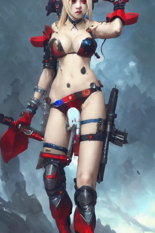 Image similar to portrait of anime Harley Quinn in bikini armor, dc comics, cyberpunk, Warhammer 40000, dark fantasy, digital art from artstation by Ruan Jia and Mandy Jurgens and Artgerm and william-adolphe bouguereau