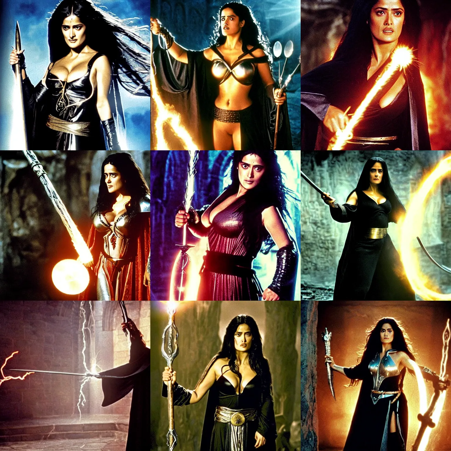 Prompt: epic photo of salma hayek as beautiful medieval sorceress with very long black hair wearing a black satin robe and metal belt, battle scene, holding her wizard staff electricity emanating from it, sweaty, in the film flash excalibur 1 9 8 1, movie still, cinematography by david fincher