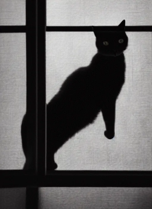 Prompt: a cat behind a semitransparent window curtain silhouette