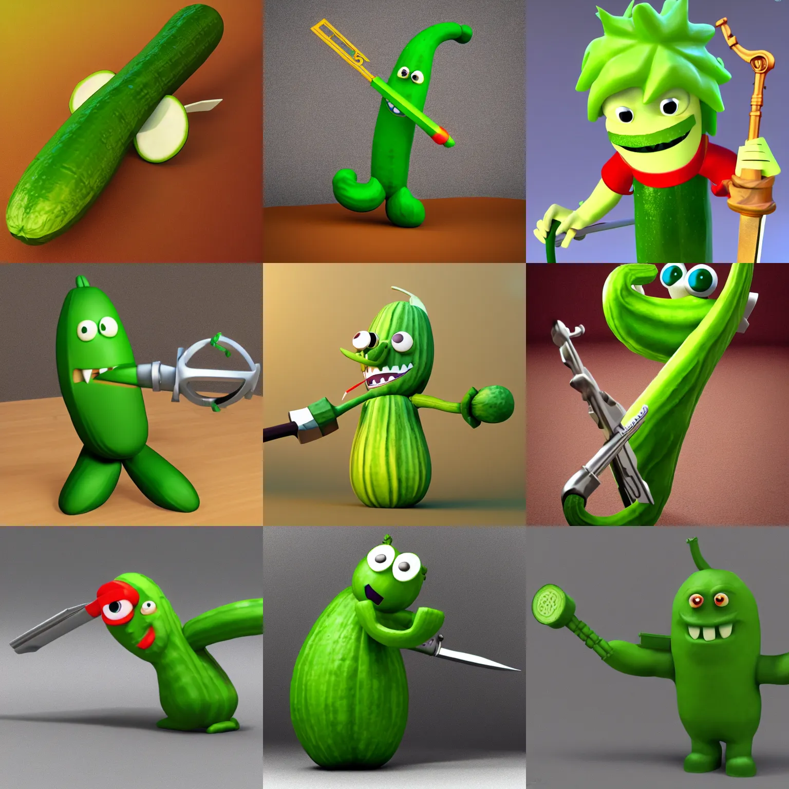 Prompt: larry the cucumber wielding a keyblade, 3d render, video game, detailed