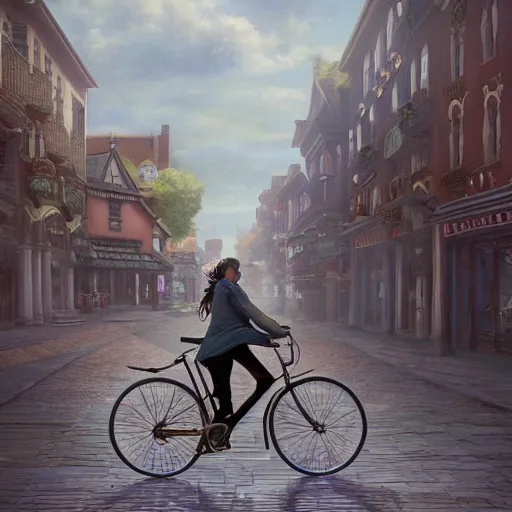 Image similar to girl riding on bike through victorian town square, digital art, by ben weiner, richard estes, range murata, akiyuki shinbou, yoshitaka amano, wlop, highly detailed, realistic, cinematic, bold colours, photorealism, 4 k, wide angle lens, trending on artstation, artgerm