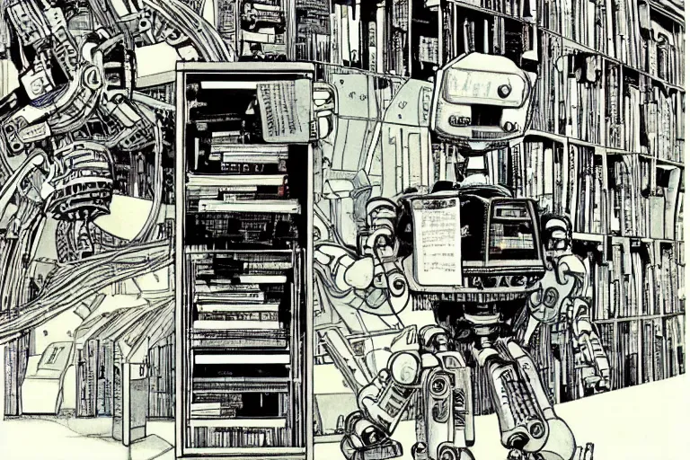 Image similar to a robot reading all the human knowledge made to date, katsuhiro otomo