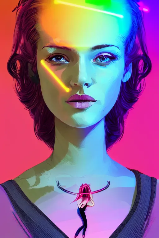 Image similar to a award winning half body portrait of a beautiful woman with stunning eyes in a croptop and cargo pants with rainbow colored ombre hairstyle head in motion and hair flying by thomas danthony, outlined by whirling illuminated neon lines, outrun, vaporware, shaded flat illustration, digital art, trending on artstation, highly detailed, fine detail, intricate