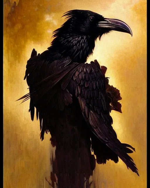 Image similar to goddess of ravens, unusual beauty, emotionally evoking symbolic metaphors, head in focus, fantasy, ornamental, intricate, elegant, sensual, highly detailed digital painting, artstation, concept art, painterly, golden ratio, sharp focus, illustration, art by Artem Demura and Rafael and Alphonse Mucha and Albert Aublet