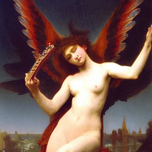 Prompt: an oil painting of a flying angel playing an electric guitar, by Bouguereau, highly detailed and intricate,