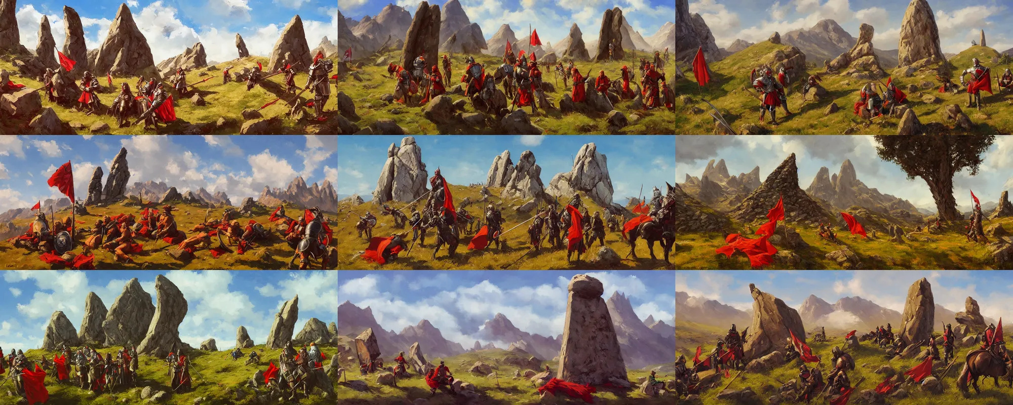 Prompt: meadow mountain landscape with a menhir in the foreground, medieval warriors wearing plate armor resting, red flag, by jesper ejsing