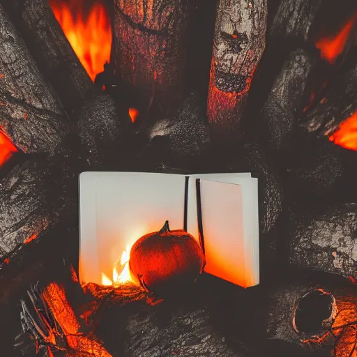 Image similar to book near a campfire, spooky forest background burnt orange and navy hues, highly detailed, dslr