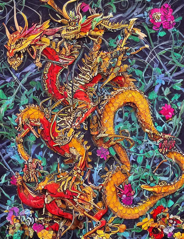 Prompt: colourful painting of dragon skeleton, intricate armour, mechanical liquid, flowers, by masanori warugai