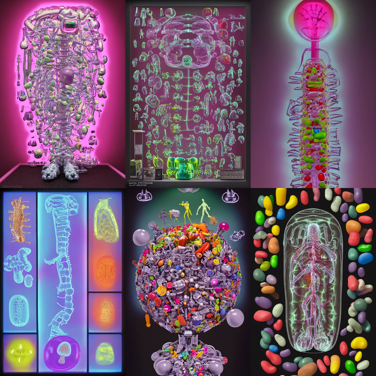 Prompt: Simple chromatic xray, bionic exploded drawing, crossection funko pop toyfigure fungus sculpture, jellybeans, organs, kidney, by david lachapelle, by angus mckie, by rhads, in a dark empty black studio hollow, c4d, at night, rimlight, c4d, by jonathan ivy, by alex grey, Haeckel