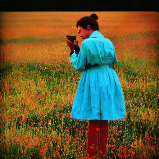 Prompt: technicolor. rear view of a girl is drinking a cup of tea in a field. soft lighting.