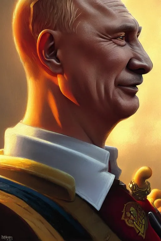 Image similar to vladimir putin as funny and stupid homer simpson, closeup, d & d, fantasy, intricate, elegant, highly detailed, digital painting, artstation, concept art, matte, sharp focus, illustration, hearthstone, art by artgerm and greg rutkowski and alphonse mucha