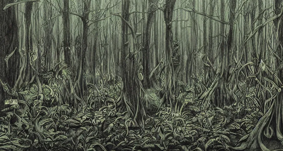 Image similar to A dense and dark enchanted forest with a swamp, by ED roth