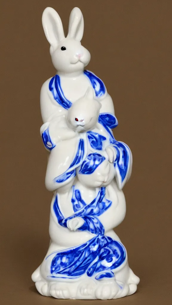 Prompt: porcelain rabbit head budda statue with blue details having a japanese kiseru in hand painted by john singer sargent