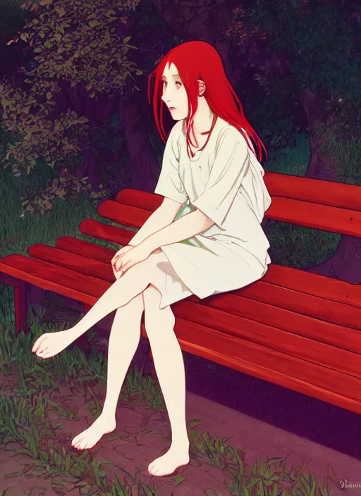 Image similar to pretty young woman with long red hair sitting on a park bench under bright moonlight, path traced, highly detailed, high quality, digital painting, by studio ghibli and alphonse mucha, leesha hannigan, makoto shinkai, disney