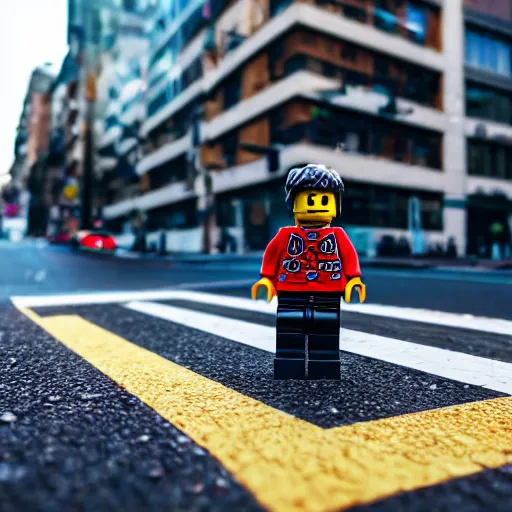 Image similar to hyperrealistic giant enormous lego minifigure walking over city street, street view, epic lighting, composition, view from ground, buildings, cars, sky, road, hd, hyperrealistic