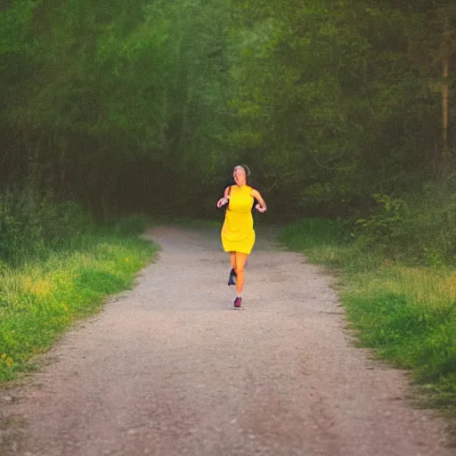 Image similar to a woman running at night in a yellow dress in the center of the frame sideways, dark hair, a barn, bushes and trees in the background, realistic photo, 4K, 35 mm