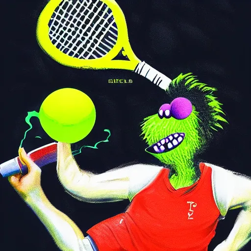 Image similar to elon musk tennis ball monster ,tennis ball, digital art, smoke, fantasy,chalk, magic, trending on artstation, ultra detailed, professional illustration by Basil Gogos