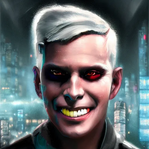 Image similar to cyberpunk, closeup portrait of a cyberpunk entertainer, hologram, blond hair, grey eyes, sadistic smile, delicate jaw, dramatic light, city background, sunset, dystopian setting, high contrast, sharp, neuromancer, peter riviera, painted by stanley lau, painted by greg rutkowski, painted by stanley artgerm, digital art, trending on artstation